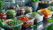 © Fana Art - Colorful healthy food in glass containers on kitchen counter.