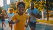 © Fana Art - Happy boy joyfully runs with family in a race.