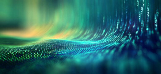 Flowing stream of binary code in green and yellow hues, representing data transfer and technology
