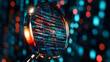 © waqas - A magnifying lens zooming into glowing red and blue data streams, symbolizing cybersecurity and data encryption analysis.