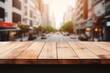 © Maksym - Urban street view with wooden tabletop, creating a cozy atmosphere. Generative AI