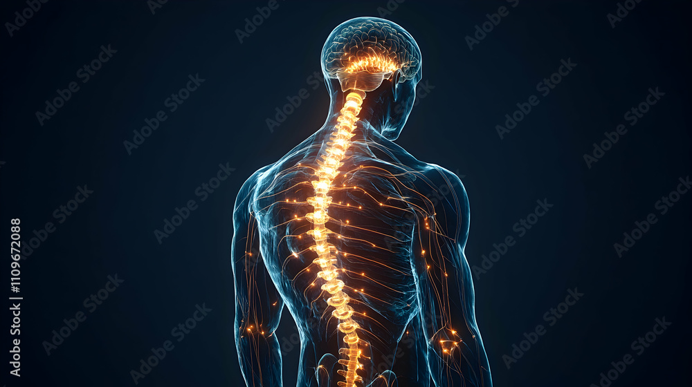 A glowing human body highlighting the spinal cord with illuminated ...
