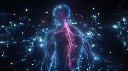 Wall Mural - rear view of a glowing human with pink and blue illuminated pathways, symbolizing bio-energy.