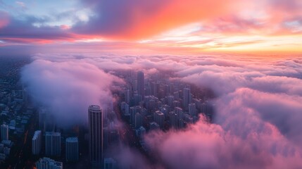 Canvas Print - City skyline emerges from pink sunrise clouds.