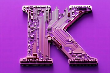 Canvas Print - This artwork showcases a closeup of the letter K, designed to look like a 3D circuit board, set against a vibrant purple background that highlights the blend of technology and artistry