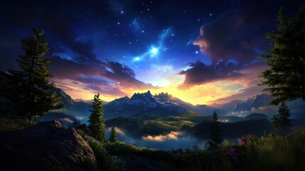 Wall Mural - A beautiful mountain landscape with a star in the sky