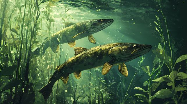 Female pike and two male pikes concealed among river vegetation, female pike and two male pikes hidden in aquatic plants. Obscure. Illustration