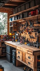 Wall Mural - Organized Woodworking Workshop with Hand Tools, Power Tools, and a Spacious Workbench Surrounded by Natural Light in a Cozy Shed Setting