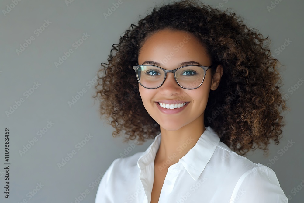 Beautiful woman with glasses and curly hair, white shirt, smiling ...