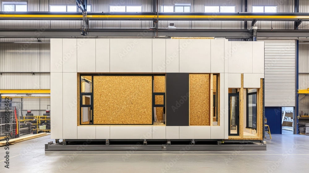 Assembly of modules in a prefabricated house factory, production of ...