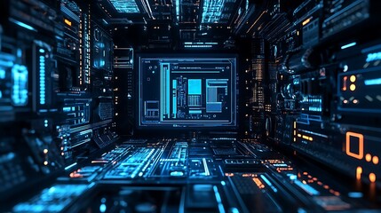 Wall Mural - blue circuit board highlighted on computer monitor image