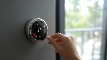 Close-up of a hand adjusting a modern digital thermostat displaying 78 degrees.