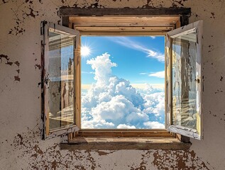 Wall Mural - Aged window with peeling paint framing beautiful sky panorama, vintage, deteriorated, distressed, shabby