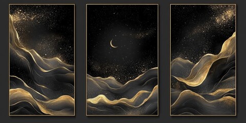 Poster - This captivating 3D wallpaper features elegant golden marble mountains on a sleek black background, ideal for modern home decor and complementing various contemporary design styles