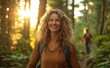 © Art_You - Joyful woman with curly hair hiking in a sunny forest, exploring nature and enjoying an outdoor adventure. Capturing the essence of happiness and freedom in the tranquility of the woods during sunset.