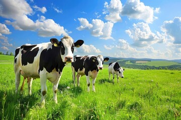 Wall Mural - Cows  Cows on a green field and blue sky.  Cows on a green field and blue sky.