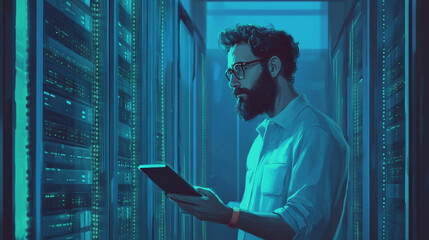 Data Center Technician Working Late  Server Room  IT  Network  Cybersecurity