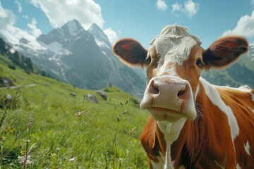 Wall Mural - Funny cow on a green meadow looking to a camera with Alps on the background