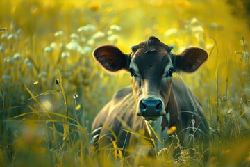 funny cow on a green summer meadow. blurred background