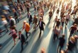 © natakot - A bustling crowd of people moves energetically through a sunlit urban street, their hurried steps creating a vibrant blur of motion. The scene captures the essence of city life, with individuals
