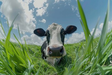 Wall Mural - Panoramic view of black and white cow on green grass.