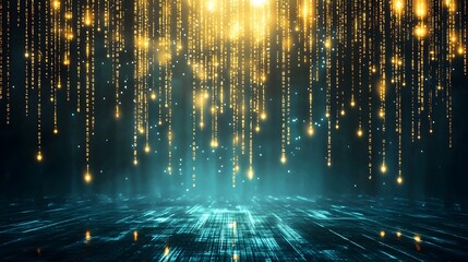 futuristic digital matrix background with cascading golden code for tech related designs