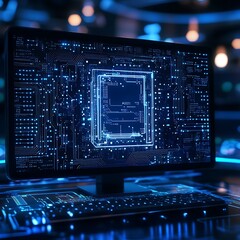 Wall Mural - glowing blue circuit board illuminating computer screen image