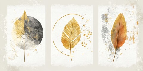 Poster - A stunning trio of beautifully minimalist ginkgo leaf prints, showcasing elegant gold and rich brown hues, making them an ideal choice for enhancing contemporary modern decor in any space