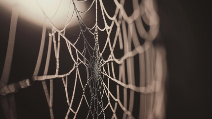 A macro shot of a dew-covered spiderweb glistening.
