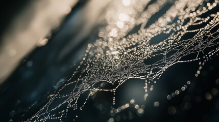 A macro shot of a dew-covered spiderweb glistening.

