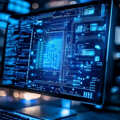 Wall Mural - intricate blue circuit board displayed on monitor image