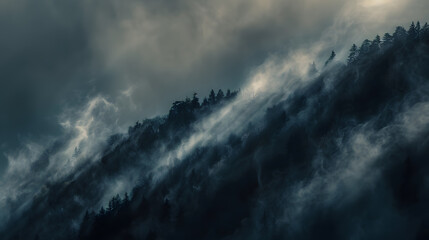 Wall Mural - A misty, cloudy sky with a mountain range in the background