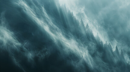 Wall Mural - A misty, cloudy sky with a mountain range in the background