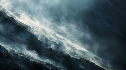 Wall Mural - A misty, cloudy sky with a mountain range in the background
