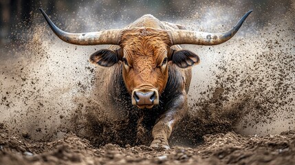 Powerful longhorn bull charging through dirt.