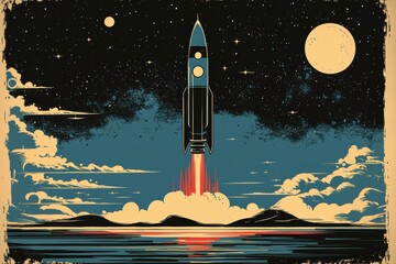 Wall Mural - rocket launch with moon and stars in night sky illustration