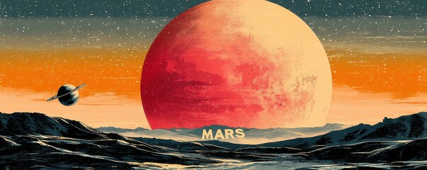 Wall Mural - vintage poster of mars with an astronaut exploring the rocky surface