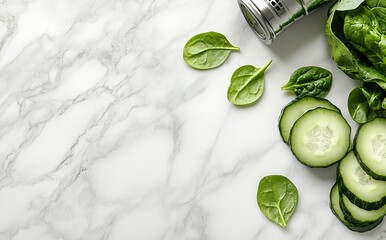 Wall Mural - Vibrant spinach and cucumber artfully displayed on a marble serving board in a well-lit kitchen during the day.