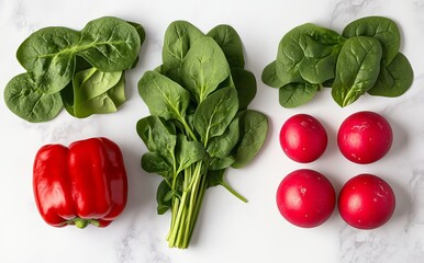 Wall Mural - A vibrant assortment of fresh red bell peppers, spinach, and radishes set against a white background for culinary creativity.