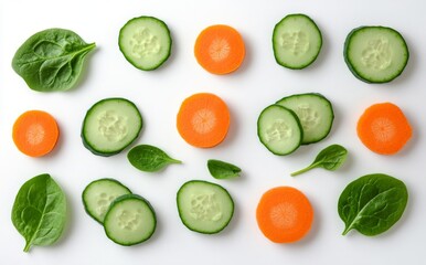 Wall Mural - On a white background, an assortment of fresh vegetables such as carrots, cucumbers, and spinach is displayed for a nutritious meal prep.