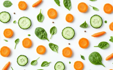 Wall Mural - A variety of fresh vegetables, including carrots, cucumbers, and spinach, are laid out on a white background for preparing a healthy meal.