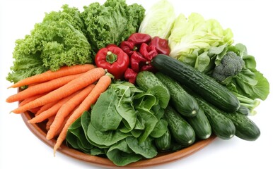 Wall Mural - Carrots, broccoli, lettuce, and bell peppers, all freshly picked and organic, laid out on a wooden platter.