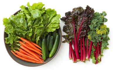 Wall Mural - A selection of newly harvested organic vegetables such as carrots, broccoli, lettuce, and bell peppers displayed on a wooden tray.