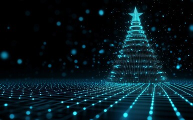 Wall Mural - In a dark, futuristic setting, a digital Christmas tree adorned with blue lights shines brightly during a holiday celebration.