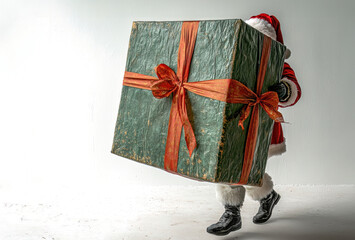 Wall Mural - Santa Claus carries a large green gift box with a red ribbon on a white background