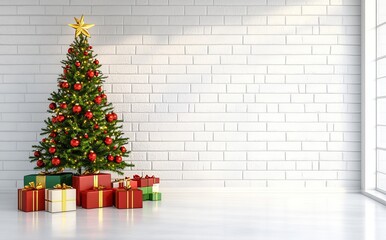 A festively decorated Christmas tree with colorful baubles and presents, positioned in front of a white brick wall.