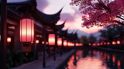 Wall Mural - Serene Asian Lantern Lit Canal at Sunset Pink Blossoms