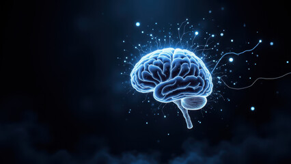 Wall Mural - Illustration of a human brain with glowing blue sparkles emanating from it against a dark background, symbolizing artificial general intelligence (AGI).