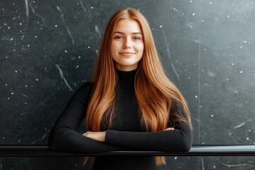 Confident young caucasian female with long red hair in black attire against a dark background