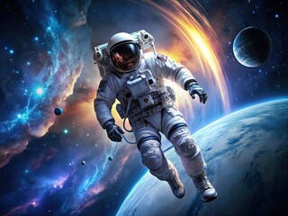 the astronaut navigates the infinite expanse of deep space surrounded by vibrant cosmic colors and d